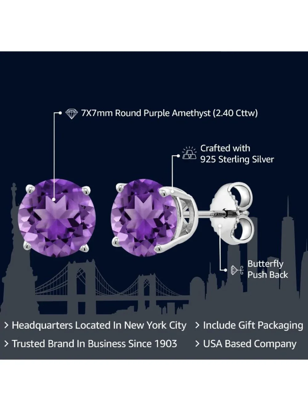Women's Amythyst 925 Sterling Silver Round Gemstone Birthstone Stud Earrings